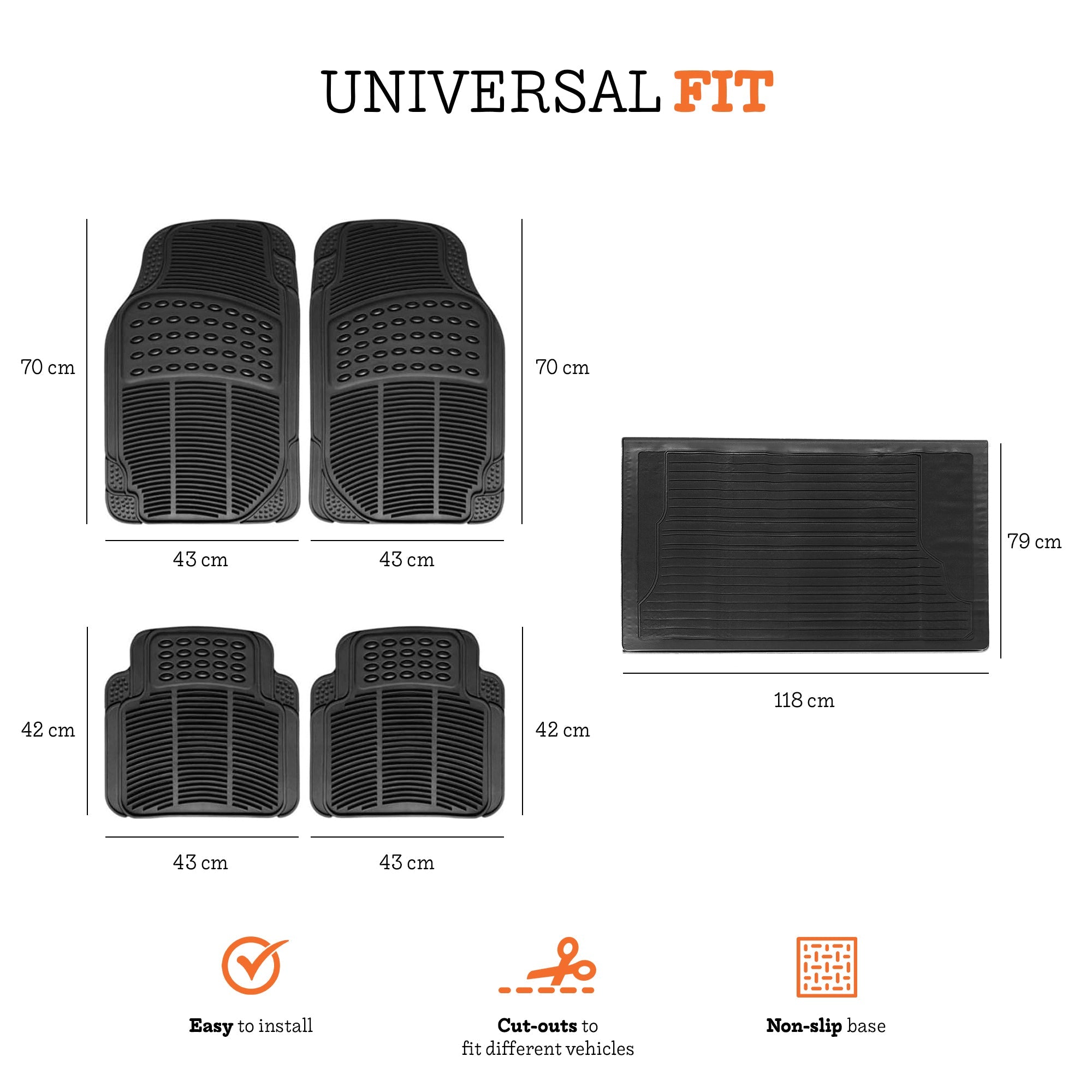 Universal Car Mats Pack of 5 Interior Mats (2 Front + 2 Rear + Trunk Mat), Flexible PVC Rubber Car Mats, Waterproof, Non-Slip, Can Be Cut to Size for a Better Fit